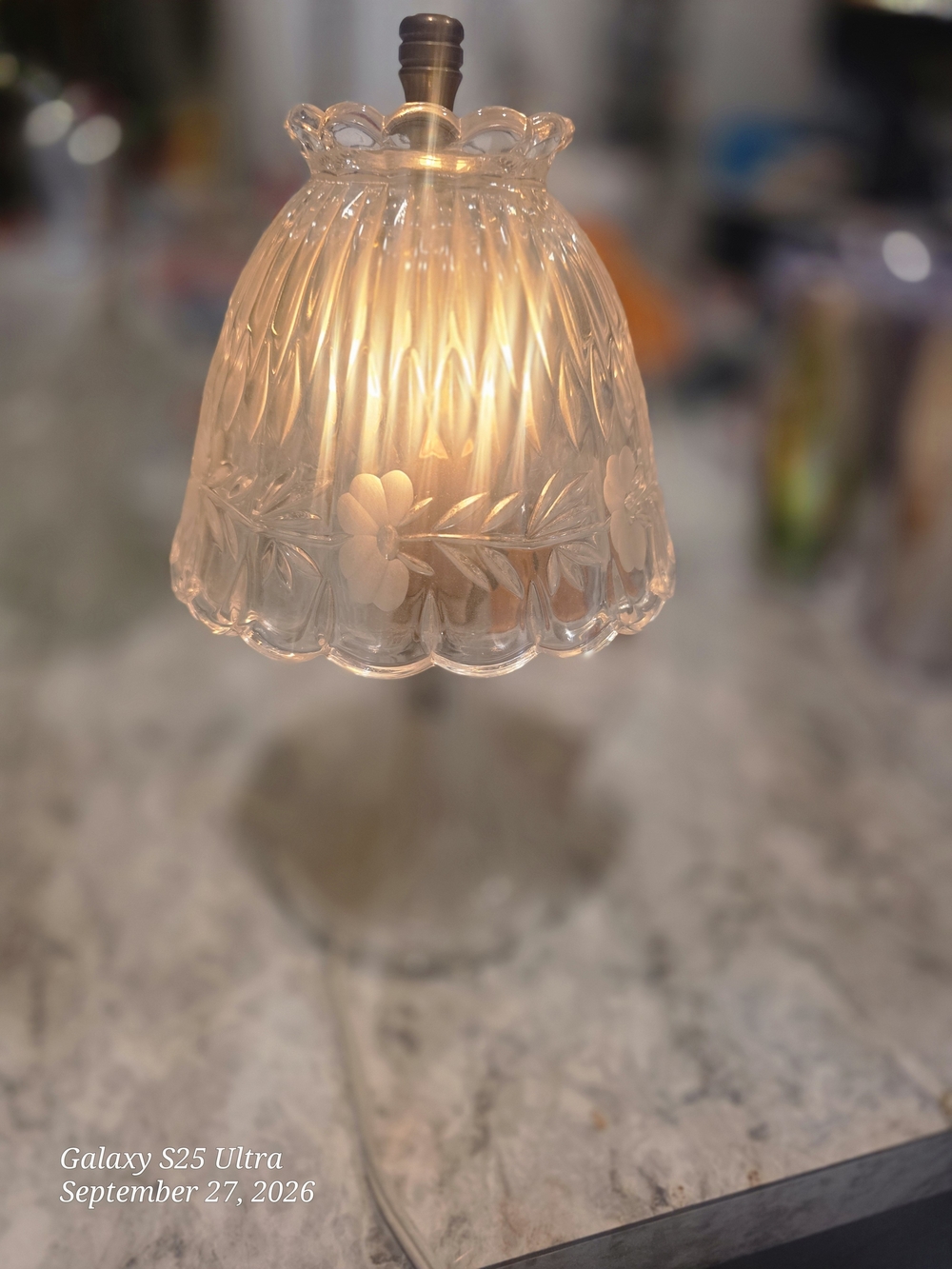 Vintage-Style Floral Etched Glass Table Lamp  Amd Vase Basket- Clear